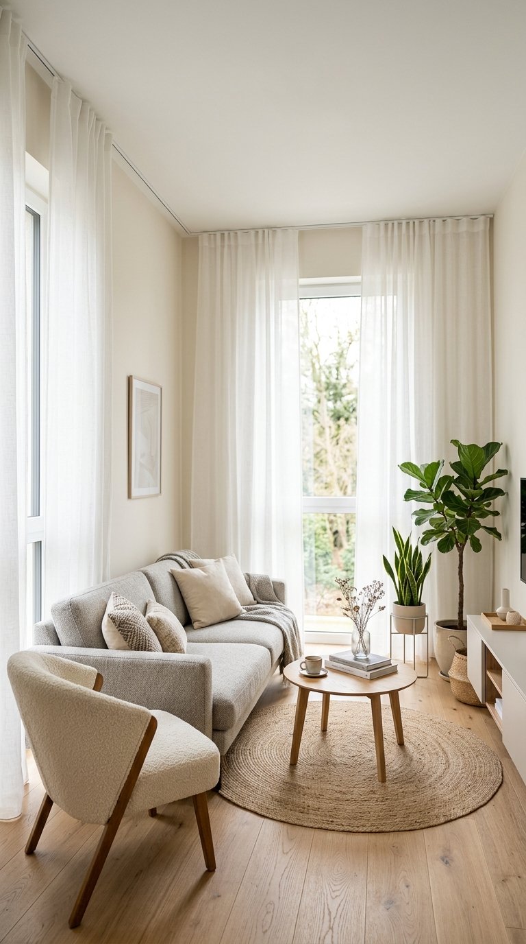 Small living room with ceiling-mounted sheer curtains letting in natural light, a sofa, coffee table, and plants.
