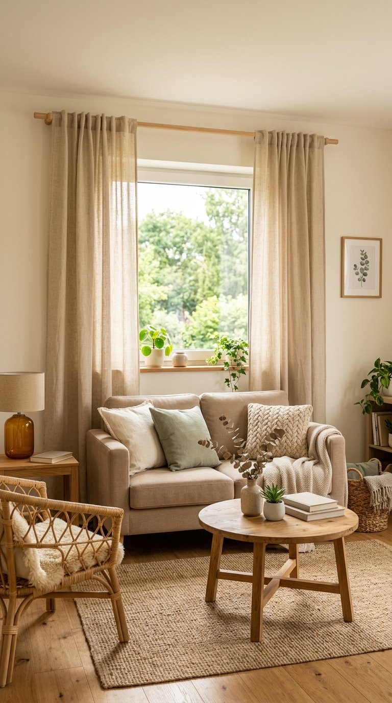 A small living room with natural fiber curtains hanging by a window, a sofa, a coffee table, and plants creating a warm and cozy atmosphere.