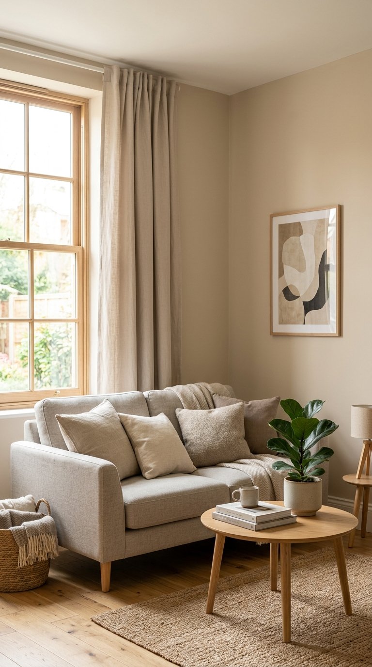 A small living room with beige walls and matching curtains covering a window, a sofa, coffee table, and a plant.