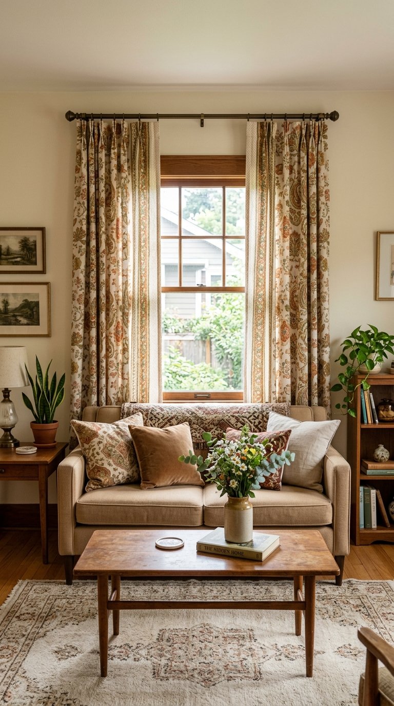 Small living room with a window covered by patterned curtains, a sofa, coffee table, and decorative items.