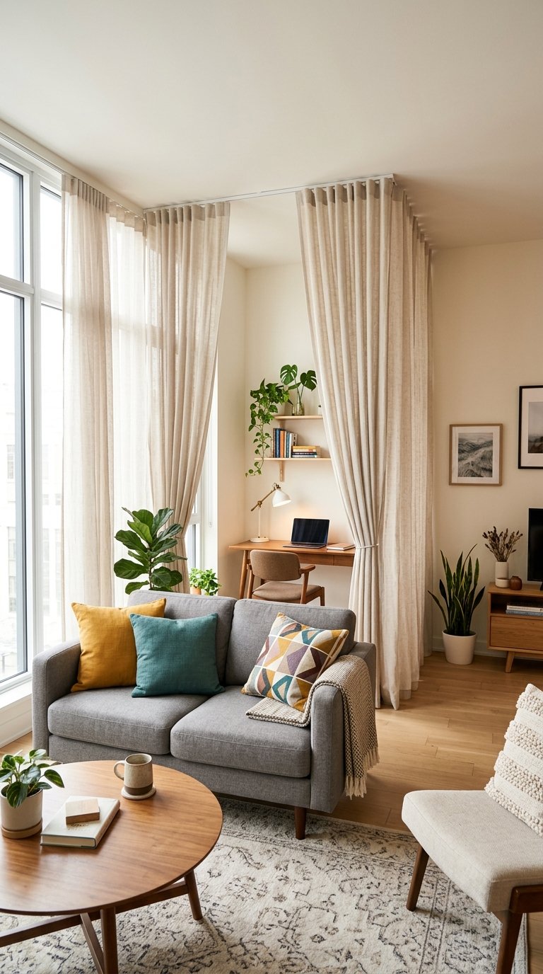 A small living room with curtains used as room dividers separating the seating area from a workspace.