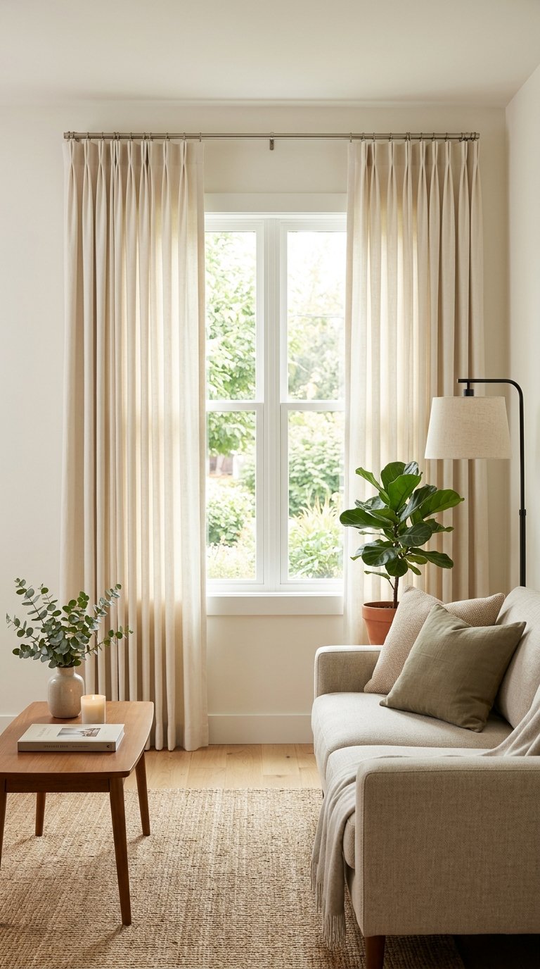 A small living room with a window covered by light-colored curtains with perfect pleats, natural light filling the space, and simple furniture including a sofa and coffee table.