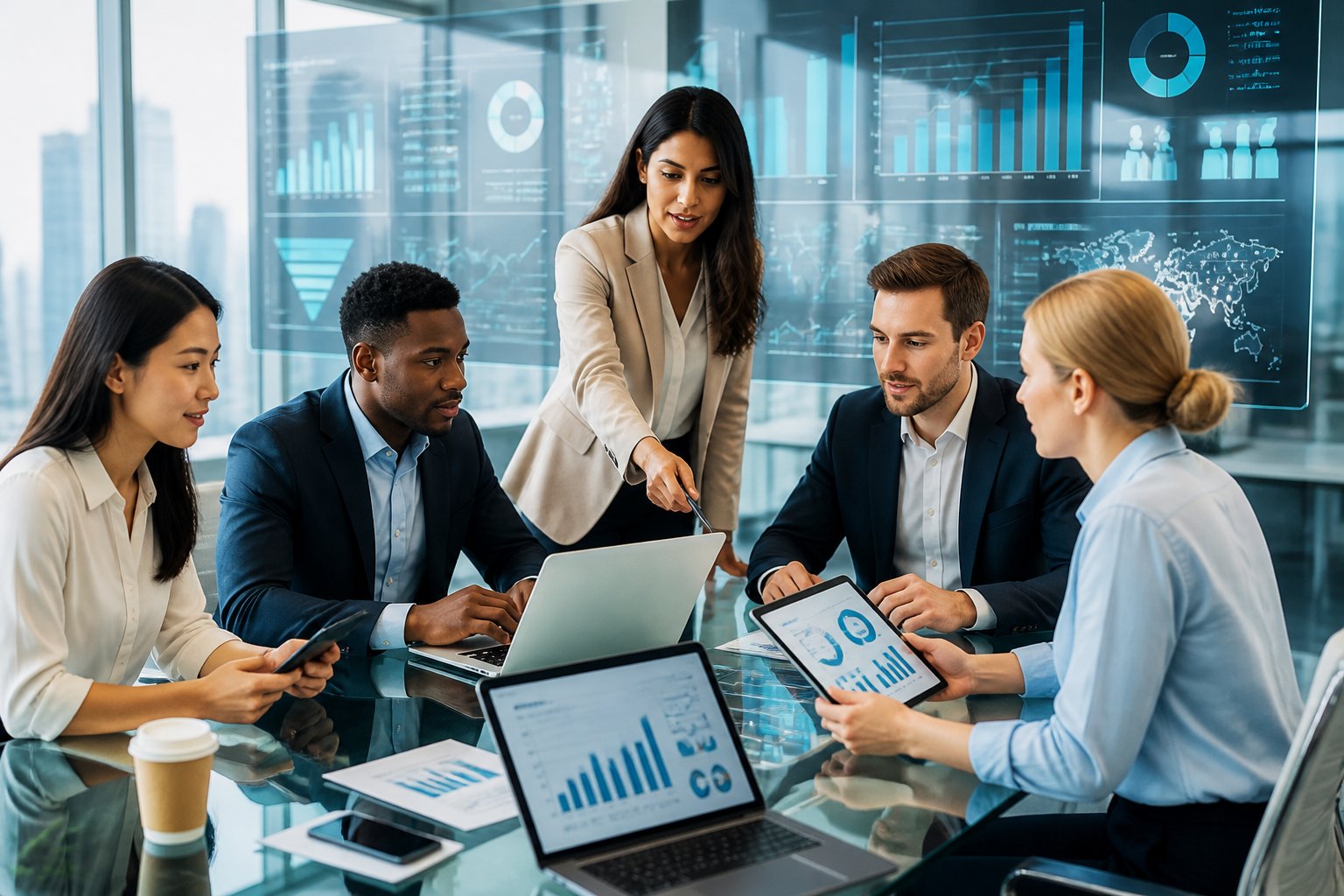 A group of business professionals collaborating around a table with laptops and digital devices displaying charts and data in a modern office.