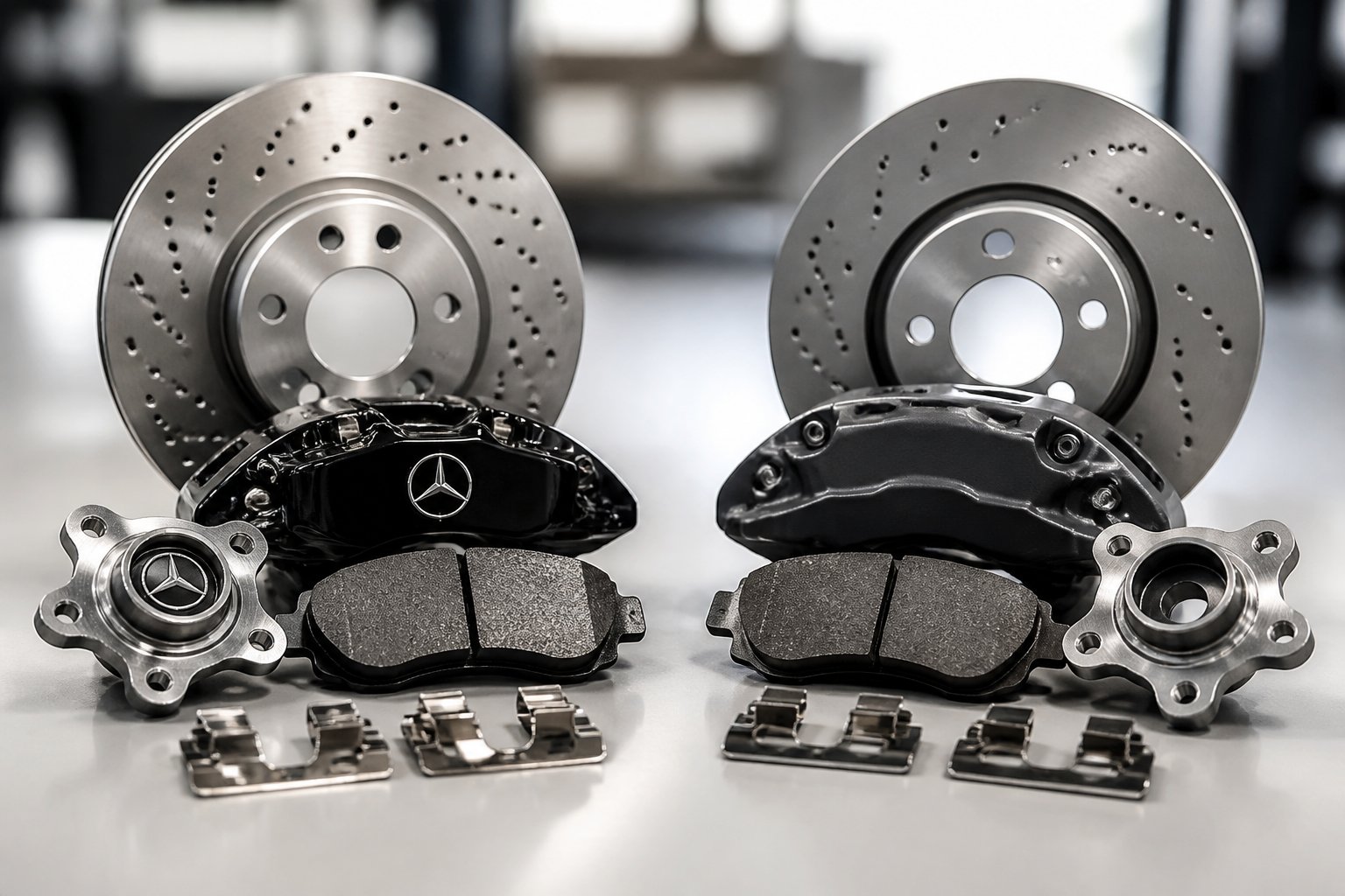 Two sets of car parts placed side by side on a clean surface, one set with Mercedes-Benz branded parts and the other set with similar aftermarket parts.