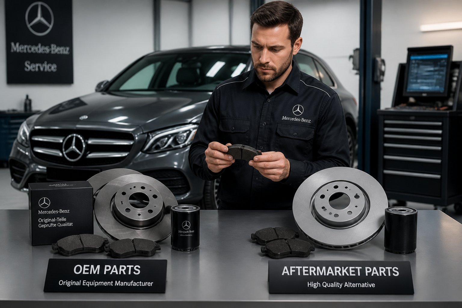 An automotive expert compares two sets of Mercedes car parts on a table with a Mercedes vehicle and tools in the background.