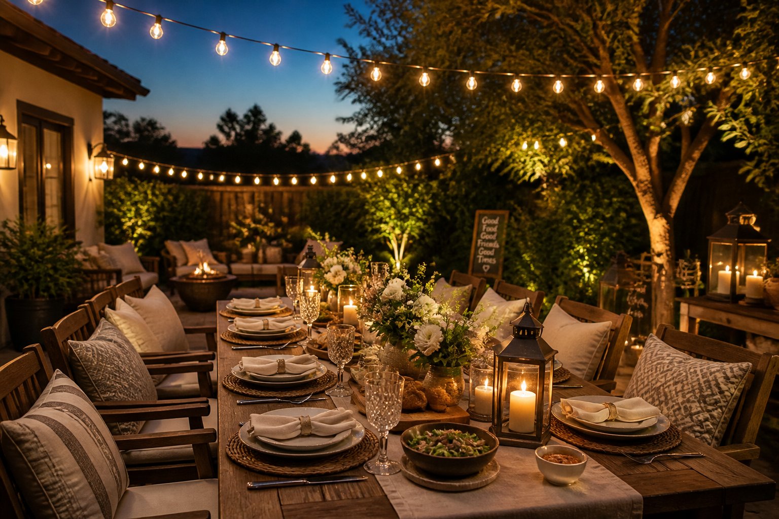 A backyard dinner party setup with a long table under string lights at dusk, surrounded by greenery.
