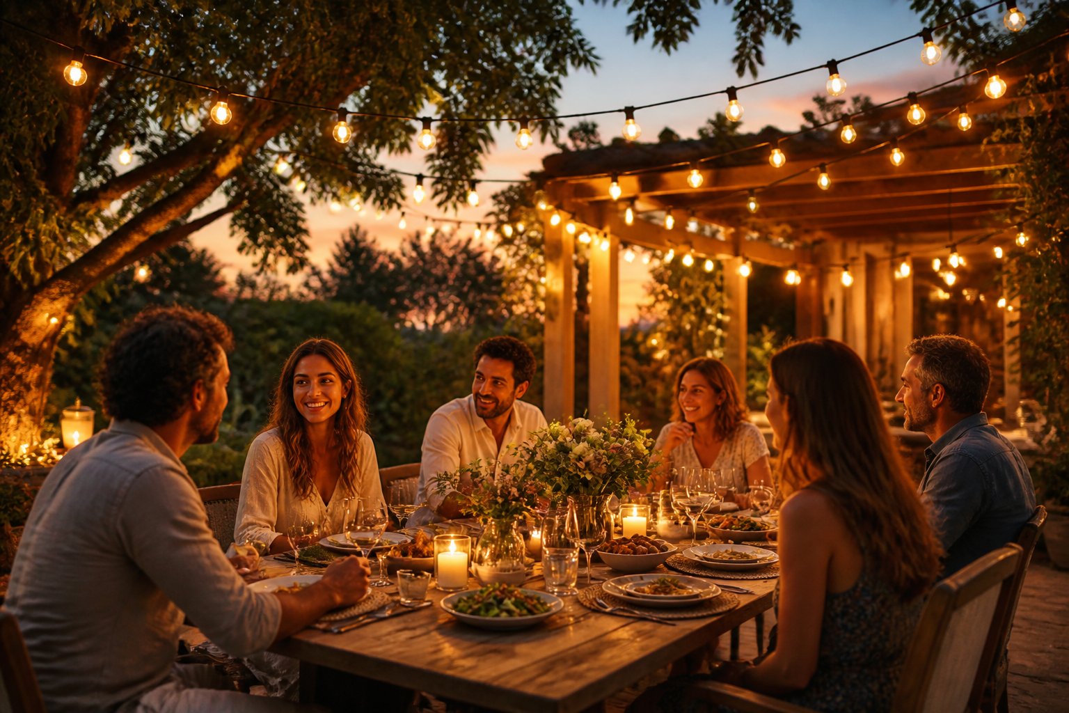A backyard dinner party with string lights hanging overhead, a wooden table set for a meal, and people enjoying the evening outdoors.