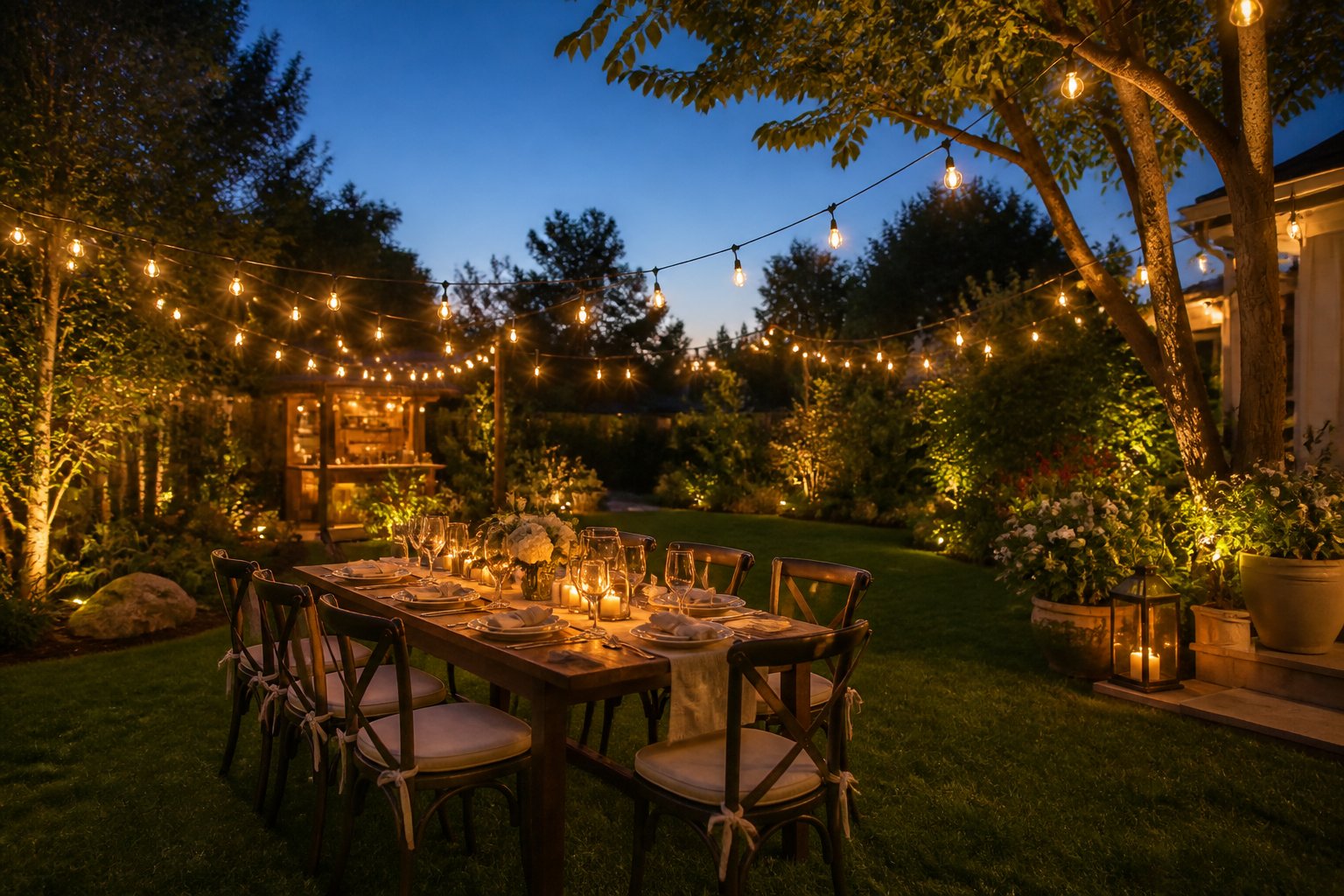 A backyard dinner party setup with a wooden table, chairs, and string lights glowing overhead at dusk.