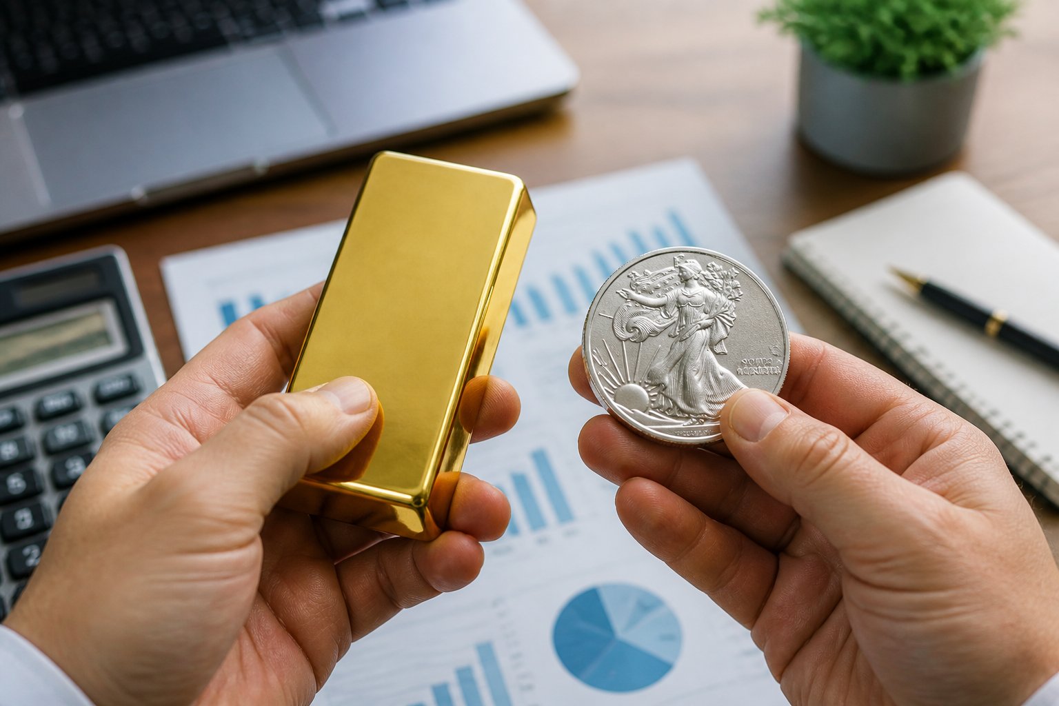 Hands holding a gold bar and silver coin over a desk with financial documents and a laptop in the background.