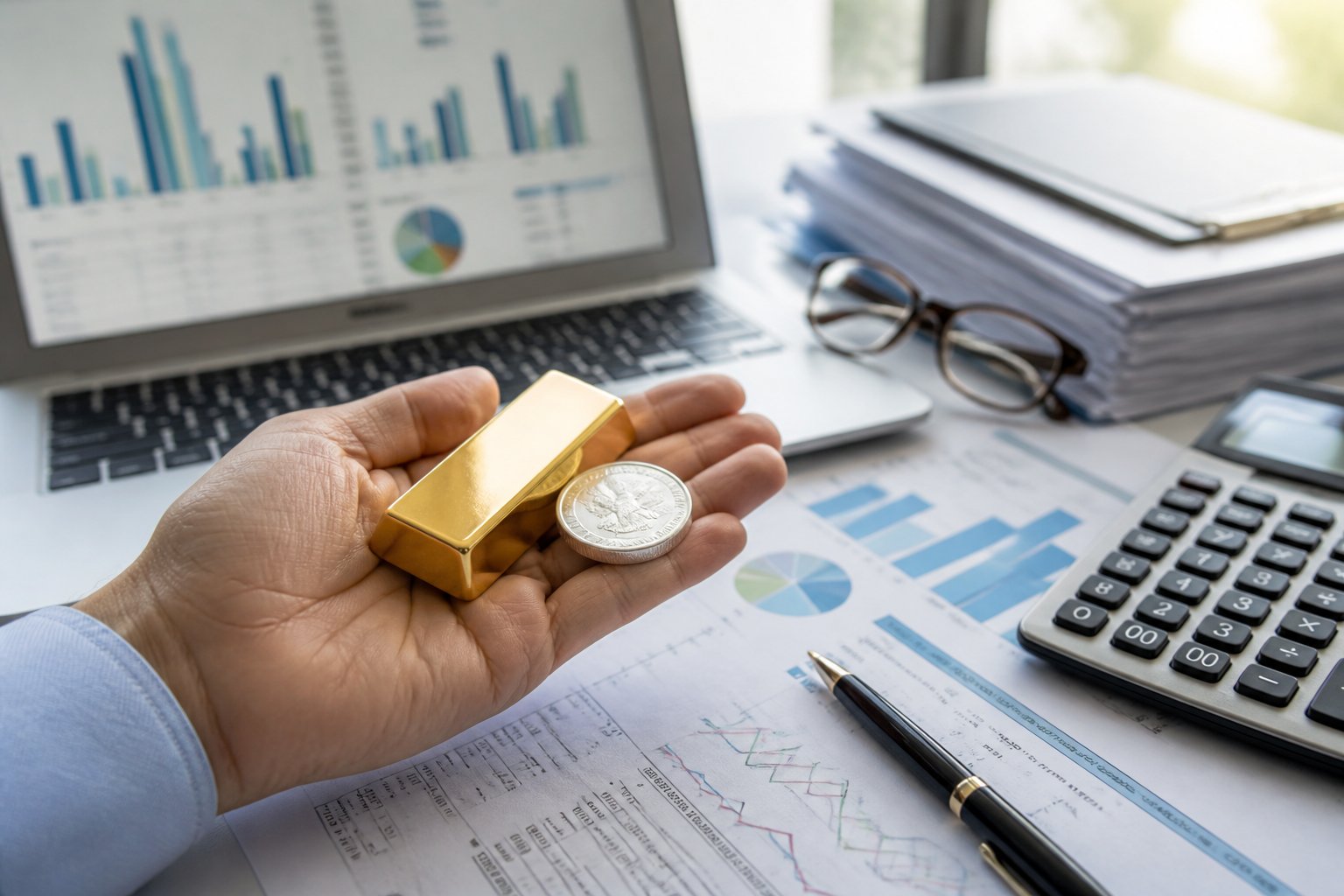 A close-up of a hand holding a gold bar and silver coin over a desk with financial documents, a calculator, and a laptop showing charts.