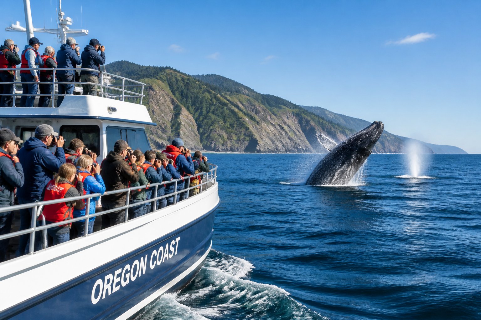 A tour boat with passengers watching whales breaching near the Oregon coast with cliffs in the background.