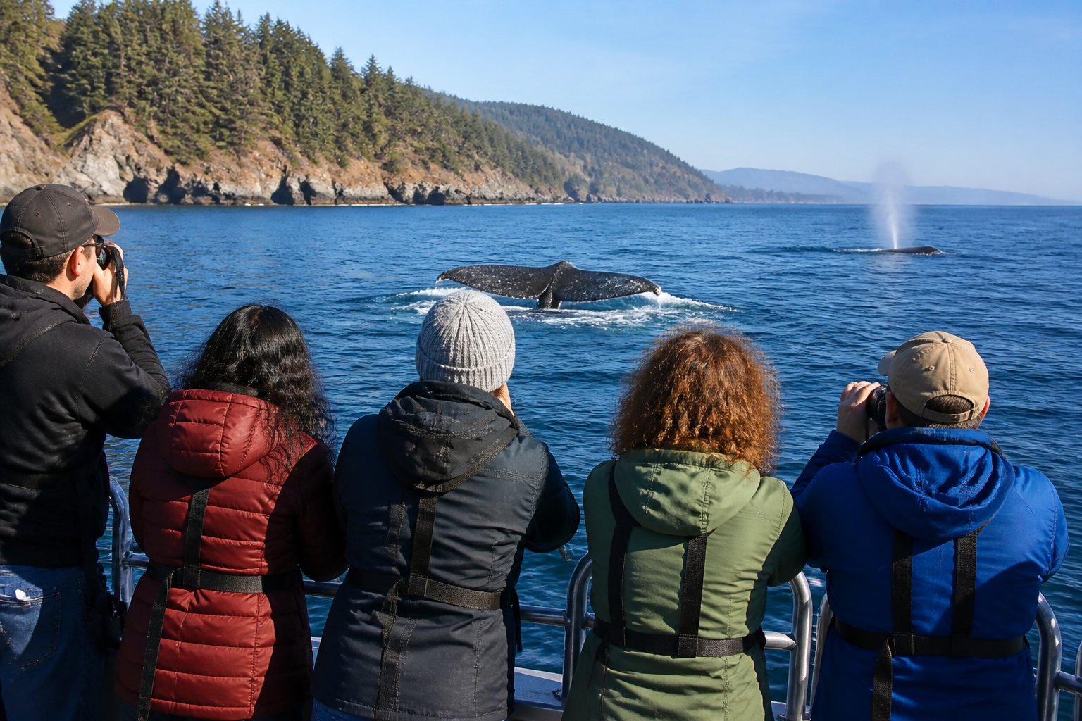 Tourists on a boat watching whales near the rocky Oregon Coast under a clear sky.