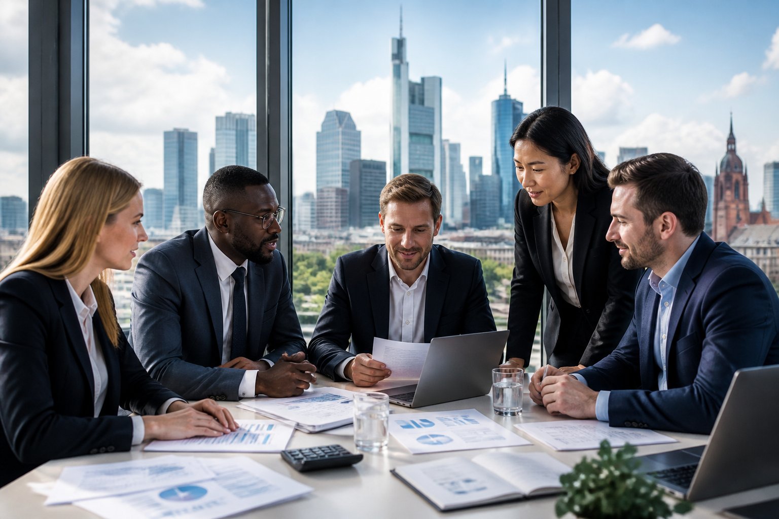 Ein Team von Steuerberatern arbeitet gemeinsam an einem Tisch in einem B&uuml;ro mit Blick auf die Frankfurter Skyline.