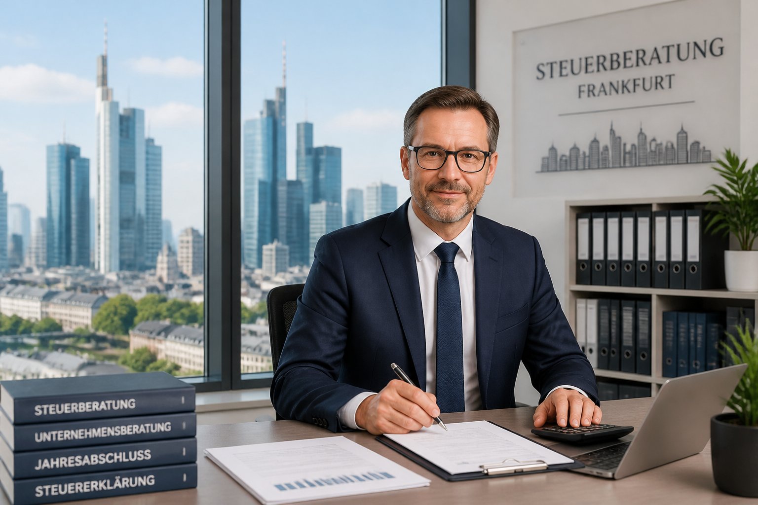 Ein Steuerberater sitzt an einem Schreibtisch in einem modernen B&uuml;ro mit Blick auf die Frankfurter Skyline.