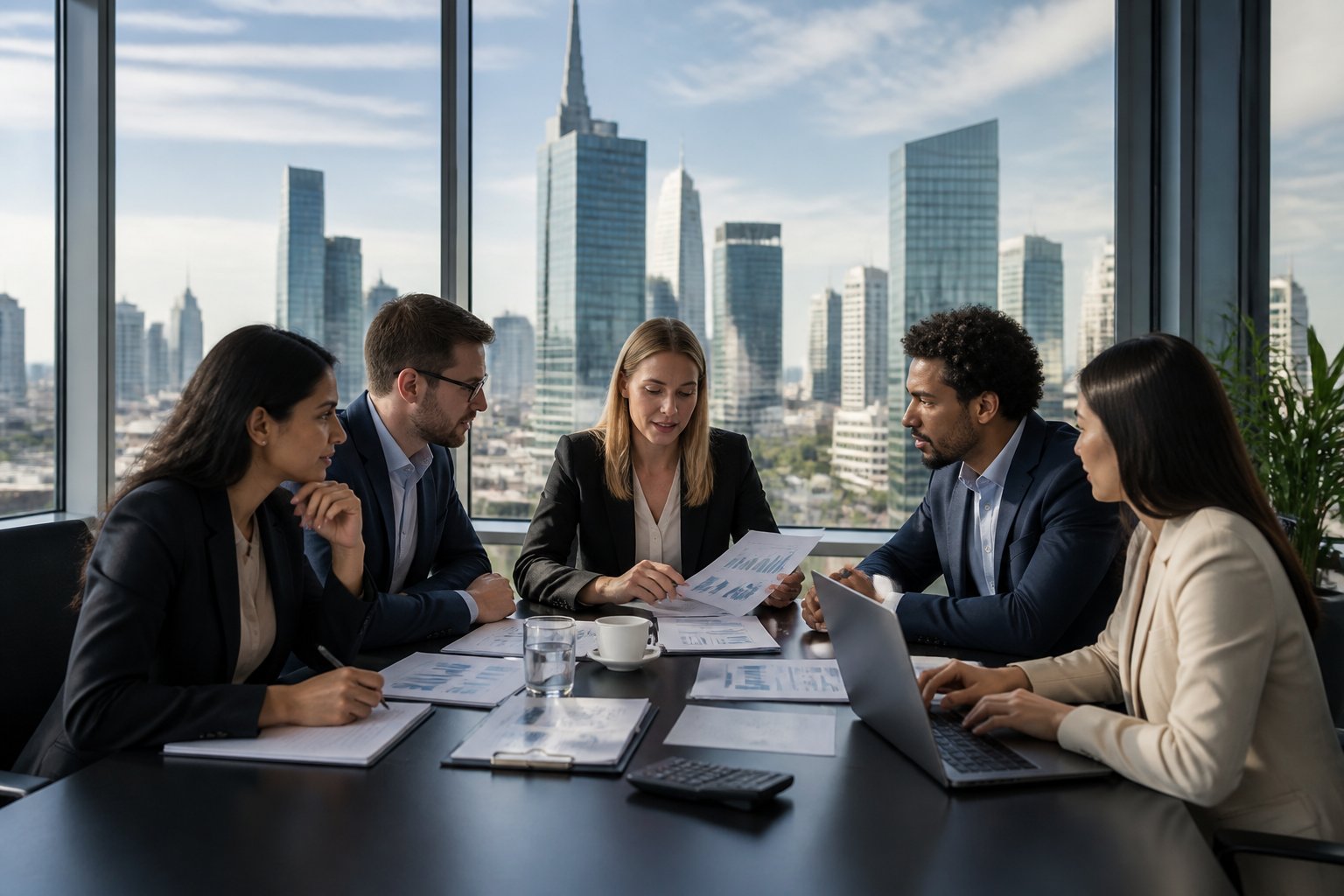 Ein Team von Steuerberatern sitzt in einem modernen B&uuml;ro mit Blick auf die Frankfurter Skyline und arbeitet gemeinsam an Finanzdokumenten.