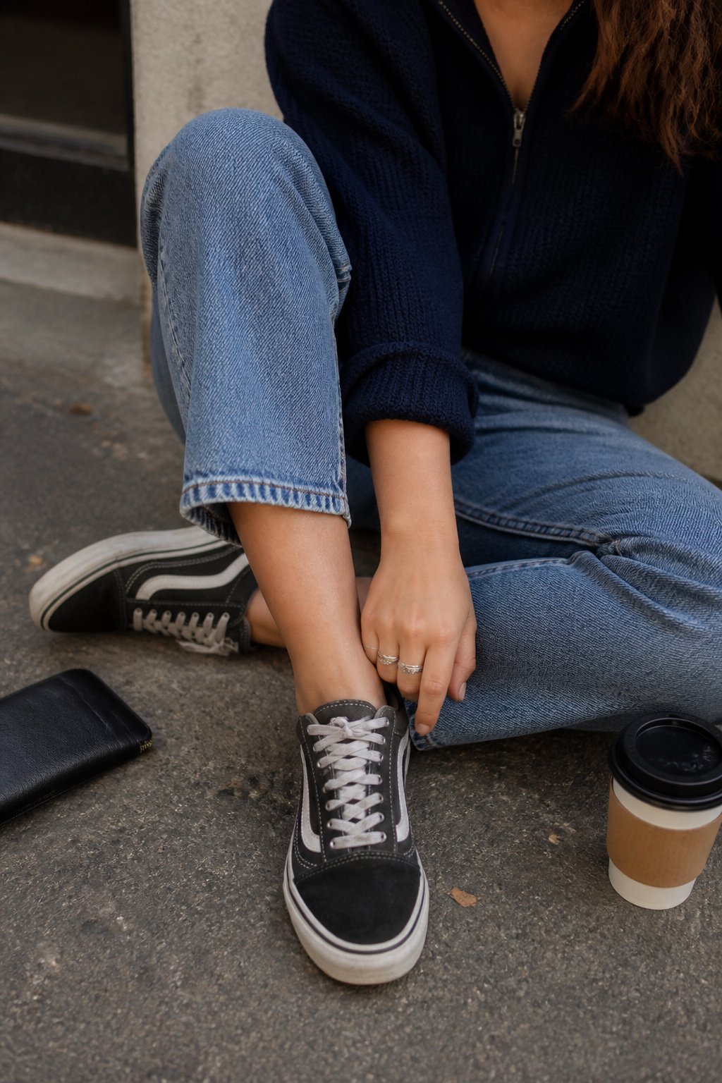 A person wearing black pearlized Vans Old Skool sneakers, cropped mom jeans, and a navy thermal zip-up standing on a wooden floor with soft daylight and casual objects nearby.