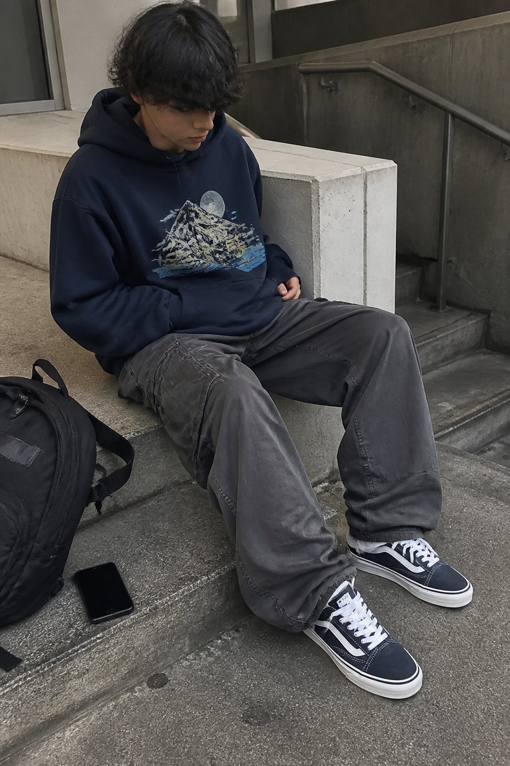 A person wearing navy Vans Old Skool sneakers with baggy cargo pants and a graphic hoodie, standing casually in soft daylight with natural shadows.