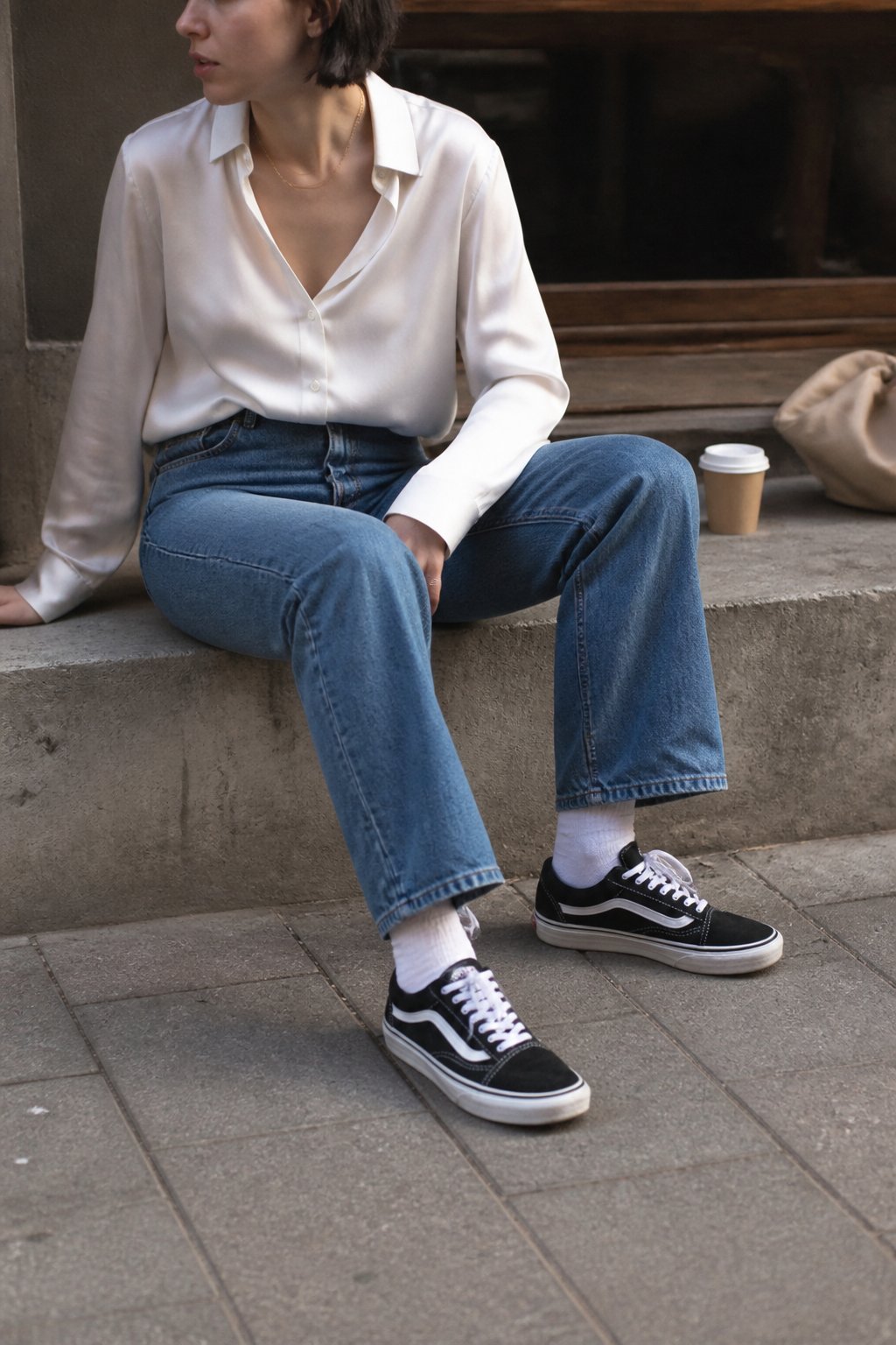 Person wearing pearlized black Vans sneakers with high-waisted jeans and a silk button-down shirt, standing casually with natural daylight and soft shadows.