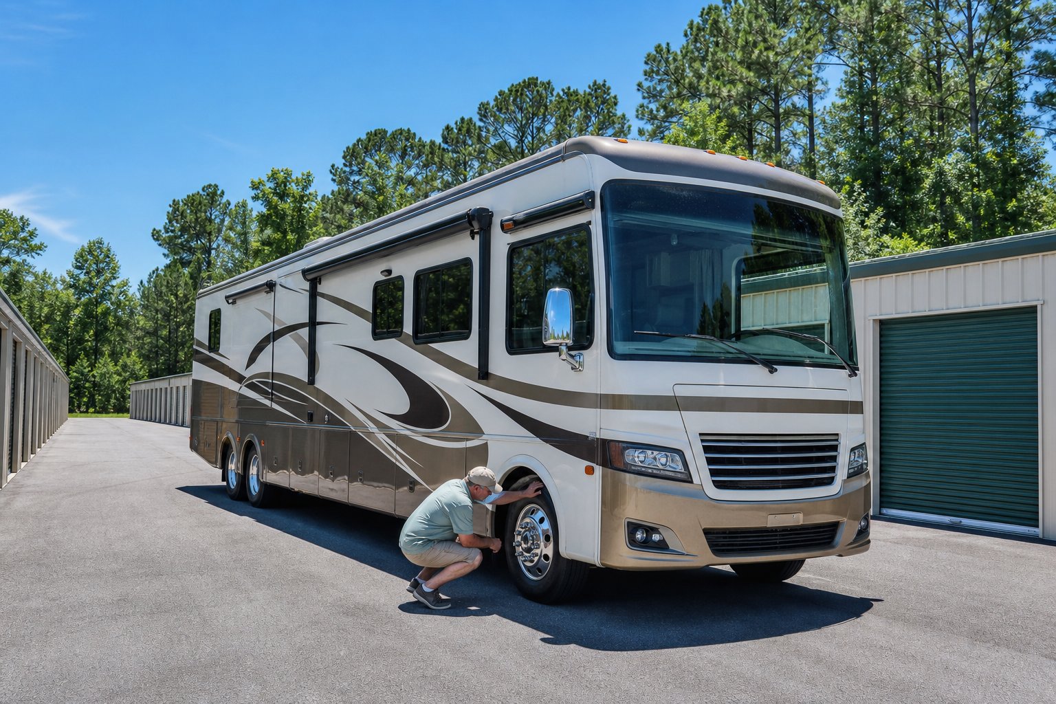 A person inspecting a recreational vehicle parked in an outdoor storage facility surrounded by trees and storage units.