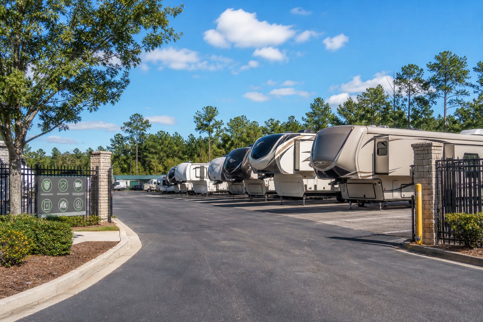 An outdoor RV storage facility with several RVs parked in designated spots surrounded by trees and clear skies.