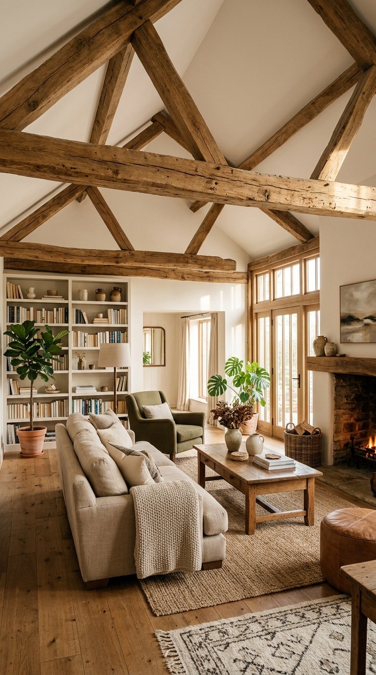 A living room with exposed wooden beams on the ceiling, comfortable seating, a wooden coffee table, and natural light coming through large windows.