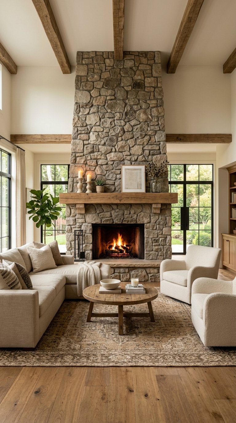 A living room with a large stone fireplace surrounded by comfortable seating and natural light.