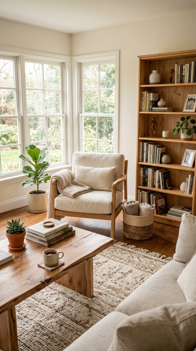 Living room with natural wood furniture, including a coffee table, bookshelf, and armchair, with sunlight coming through windows and plants around.