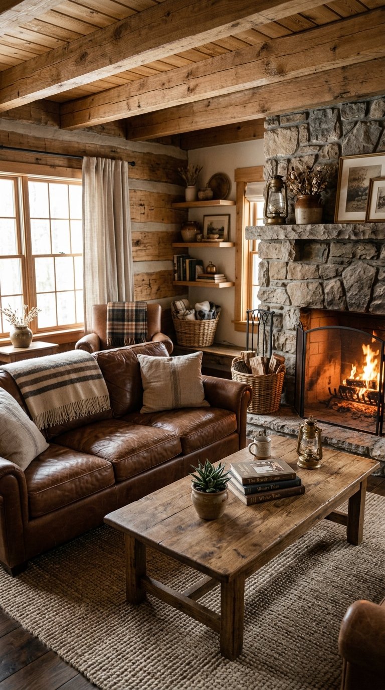 A cozy living room with a brown leather sofa near a stone fireplace and wooden walls.