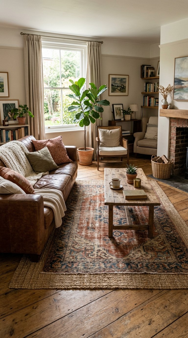A living room with layered rugs on the floor, a leather sofa, wooden coffee table, and plants.
