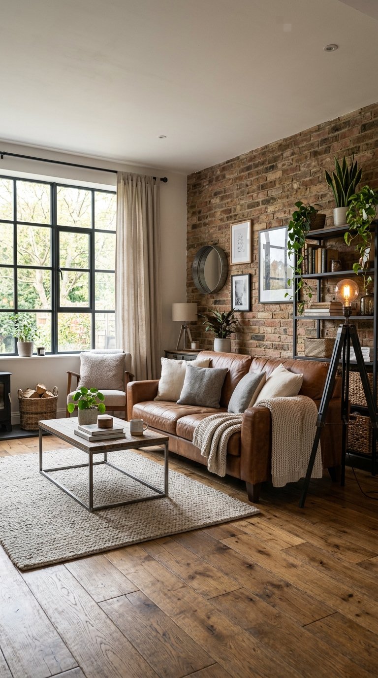A cozy living room with a leather sofa, wooden floor, exposed brick wall, metal shelving, a floor lamp, and green plants near a large window.