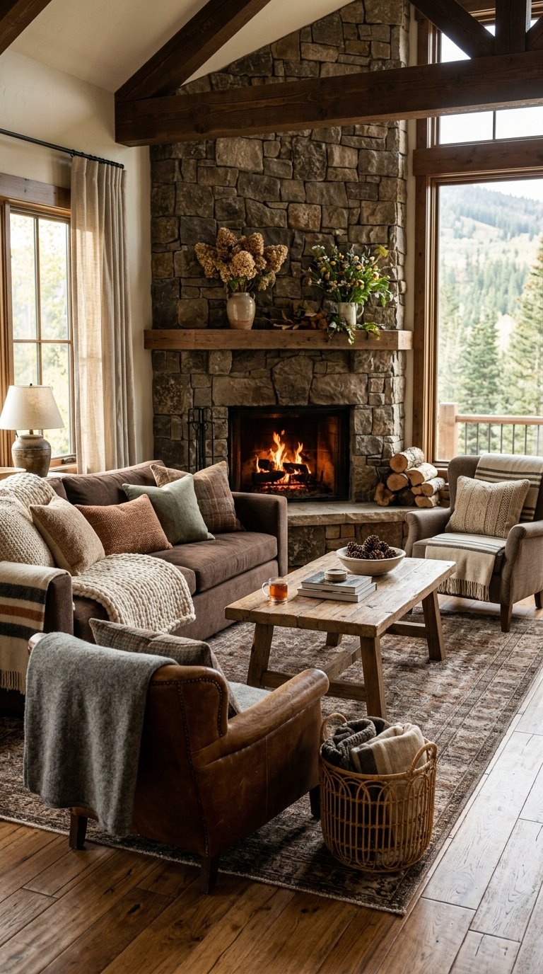 A living room with a sofa and armchairs covered in blankets and cushions, wooden furniture, and a fireplace in the background.