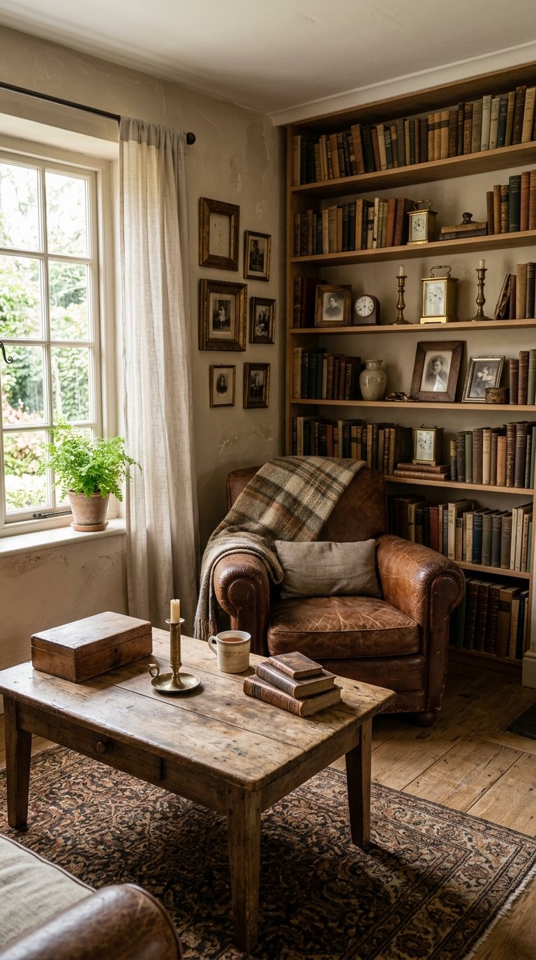 A cozy living room with wooden furniture, an armchair, bookshelves filled with decorative items, and natural light coming through a window.