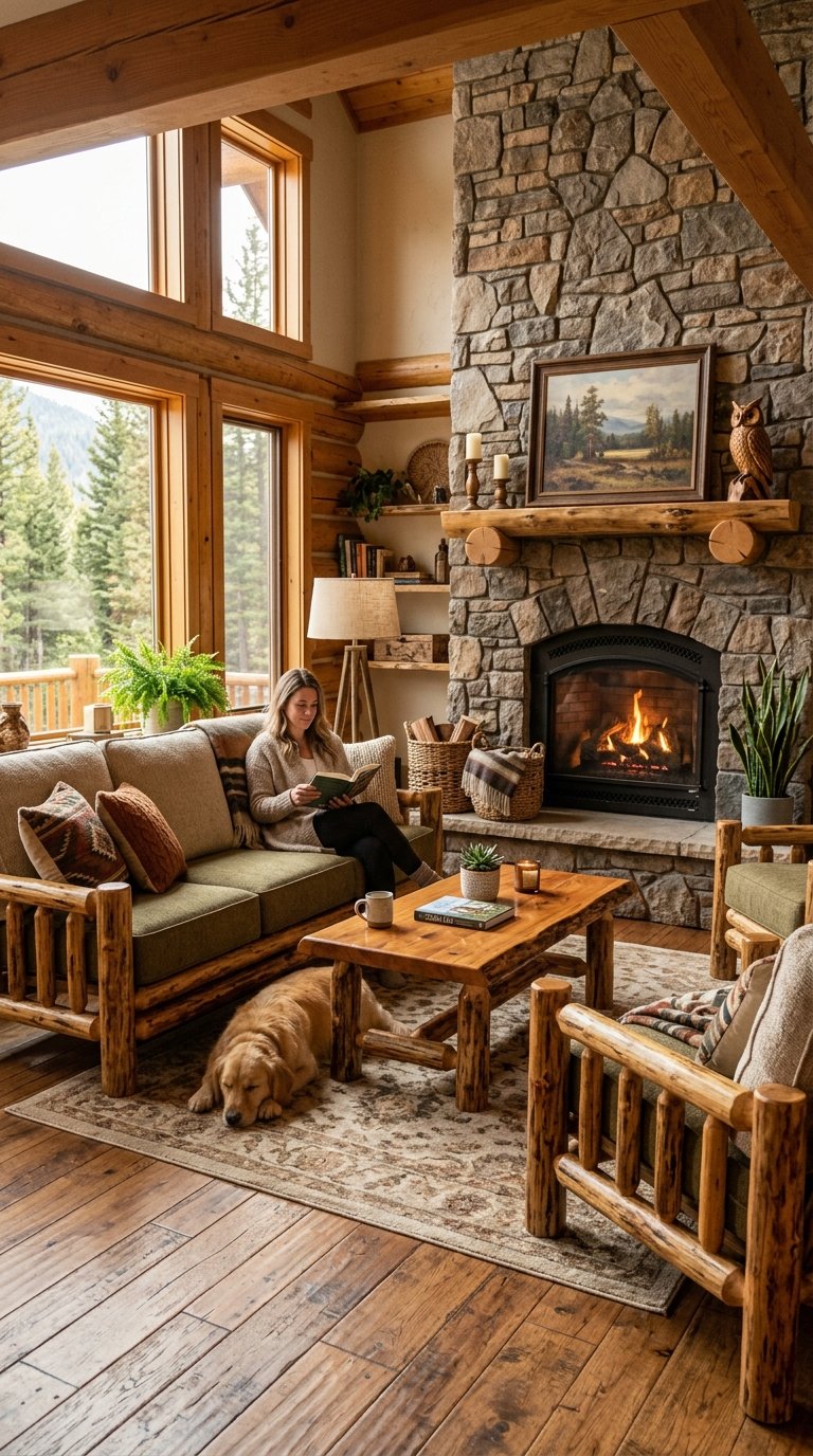A living room with log furniture including a sofa, coffee table, and chair, with a stone fireplace and natural light.