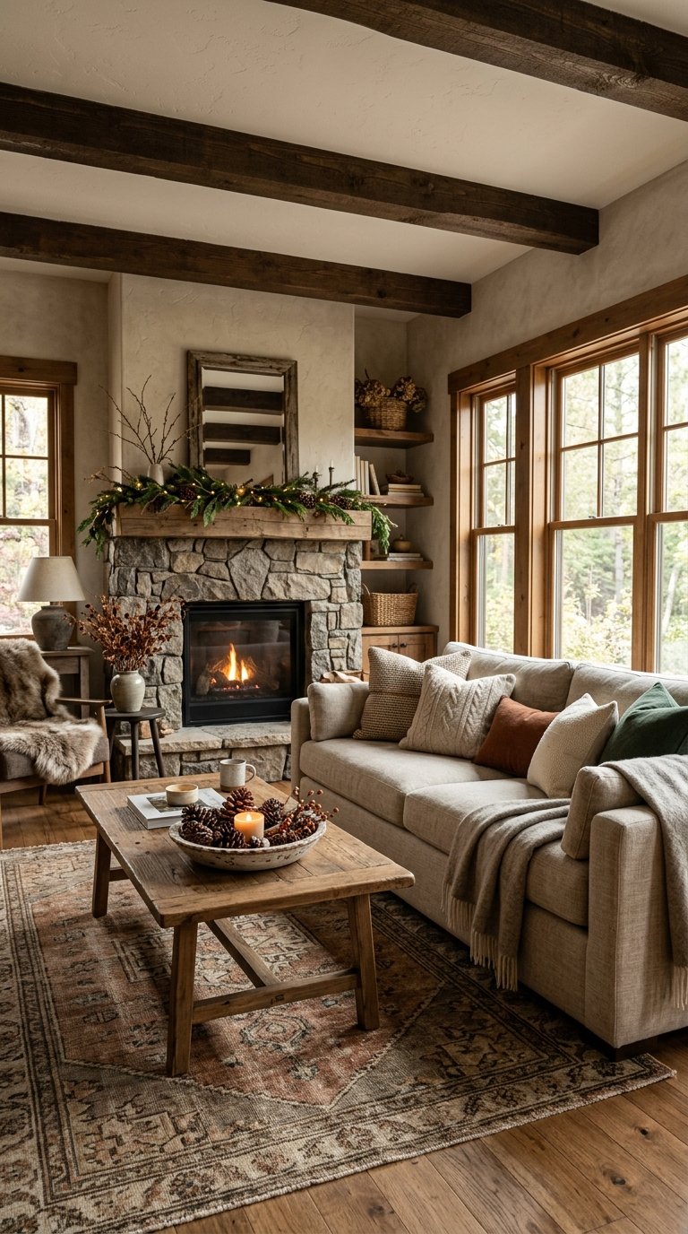 A cozy living room with a sofa, wooden coffee table decorated with pinecones and branches, and a stone fireplace in the background.