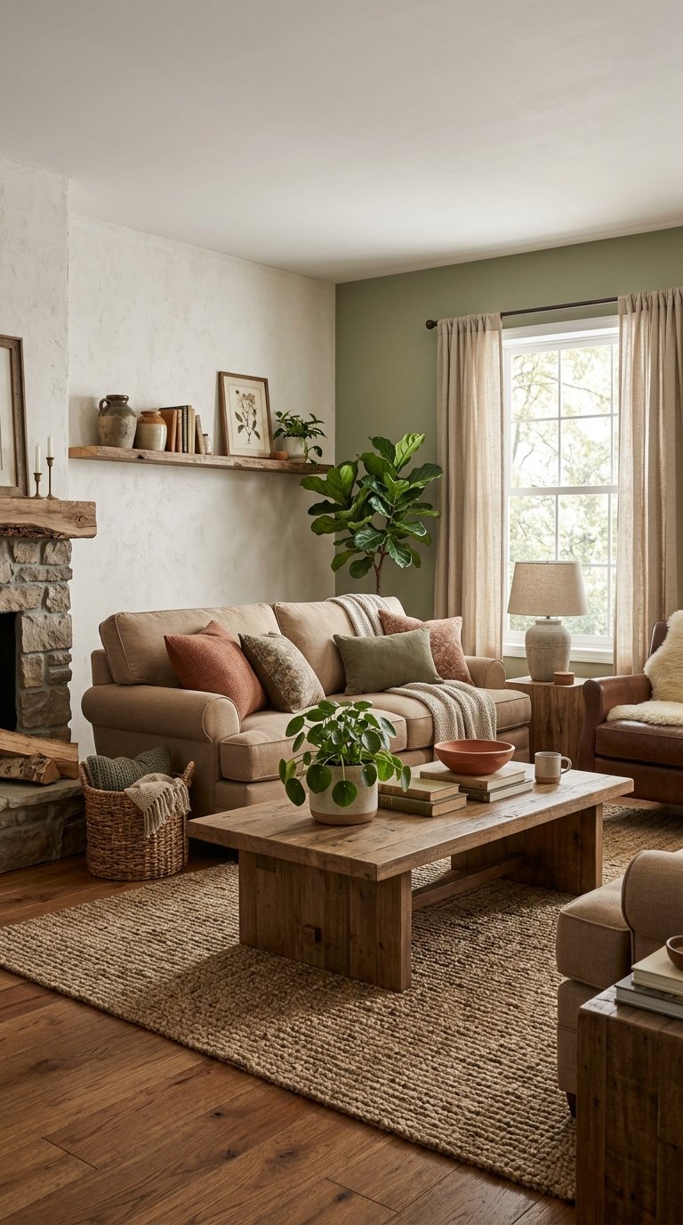 A cozy living room with a sofa, wooden coffee table, plants, and natural light coming through large windows.
