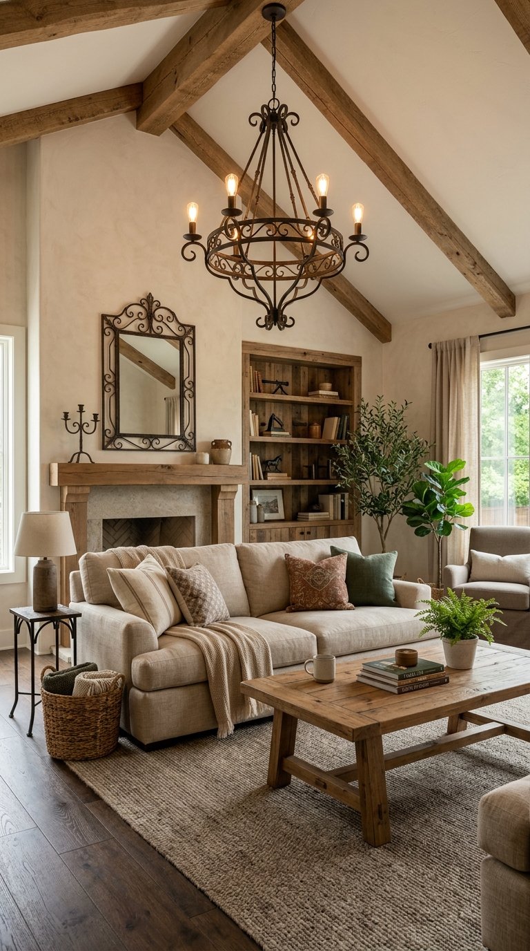 A living room with a sofa, wooden coffee table, wrought iron chandelier, and decorative iron accents, illuminated by natural light.
