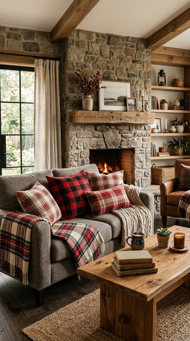 A living room with a sofa decorated with plaid and buffalo check pillows and blankets, a wooden coffee table, and a stone fireplace in the background.