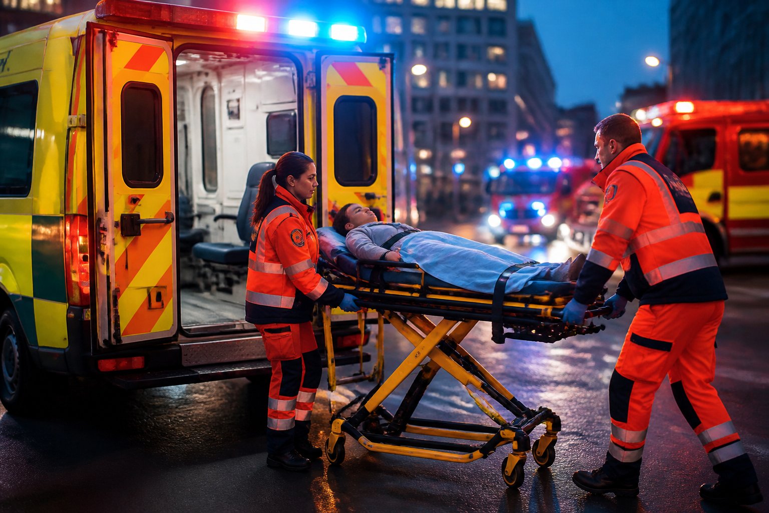 Ambulância com luzes piscando estacionada em uma rua da cidade ao entardecer, com paramédicos atendendo um paciente em uma maca.