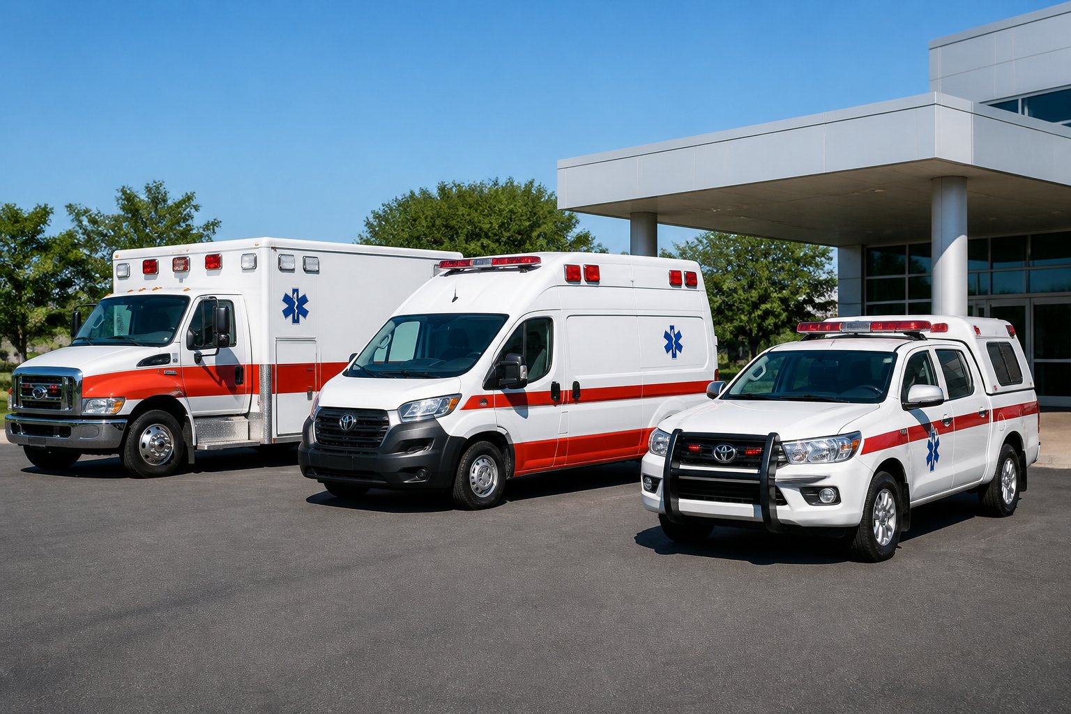 Vários tipos de ambulâncias estacionadas em frente a um hospital, com céu claro e áreas verdes ao redor.
