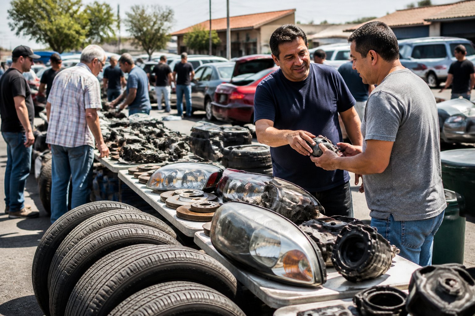People buying and selling used car parts at an outdoor local market with tables displaying various automotive components.