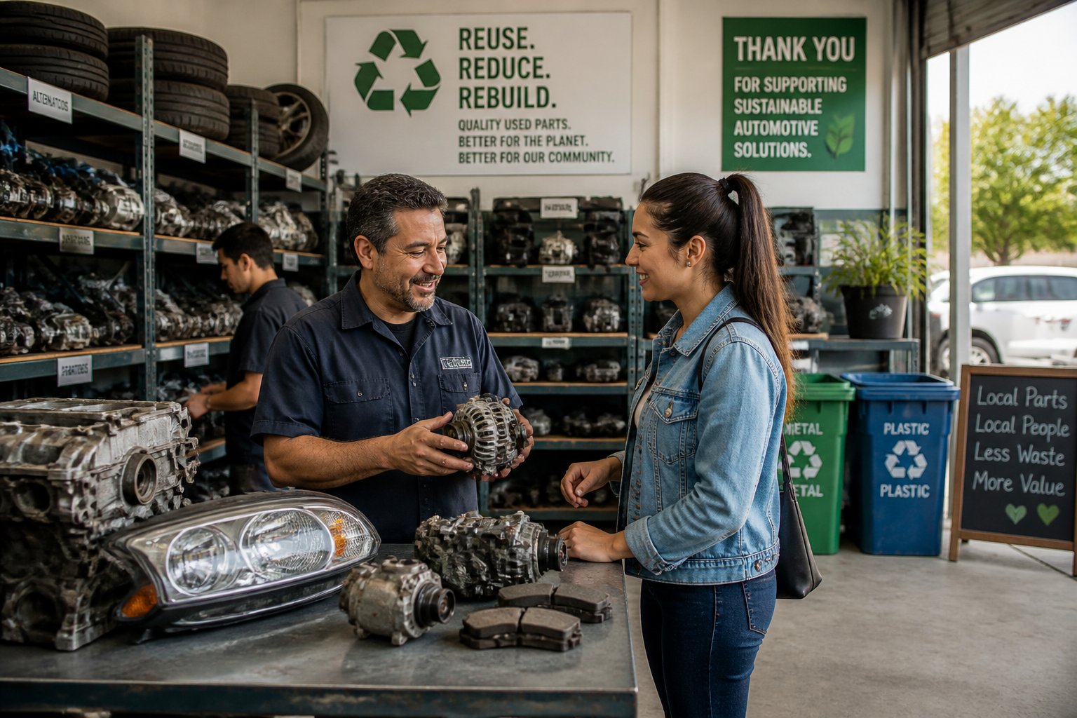 People interacting at a local used car parts market with shelves of car parts and recycling bins in the background.
