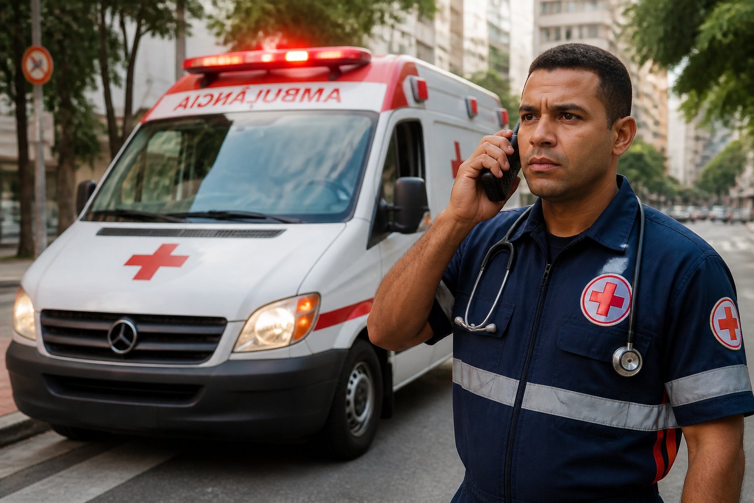 Ambulância brasileira com paramédico em uniforme usando rádio em uma rua da cidade durante o dia.