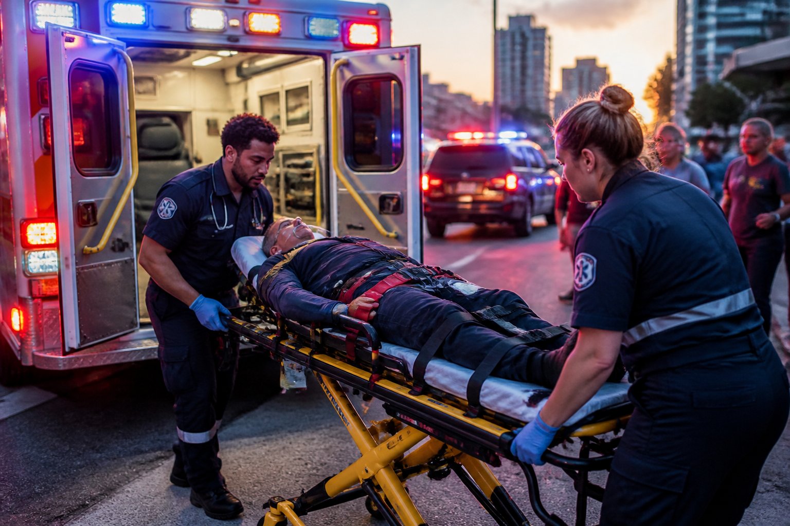 Ambulância com luzes de emergência ligadas e paramédicos atendendo uma pessoa em uma maca na rua.