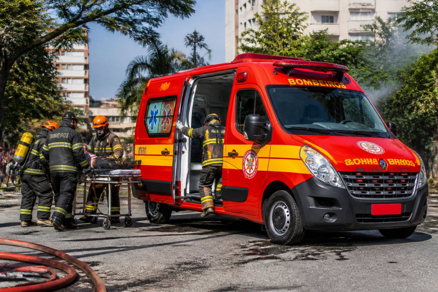Ambulância do bombeiro brasileira vermelha com faixas amarelas, com bombeiros uniformizados ao redor em uma cena urbana durante o dia.
