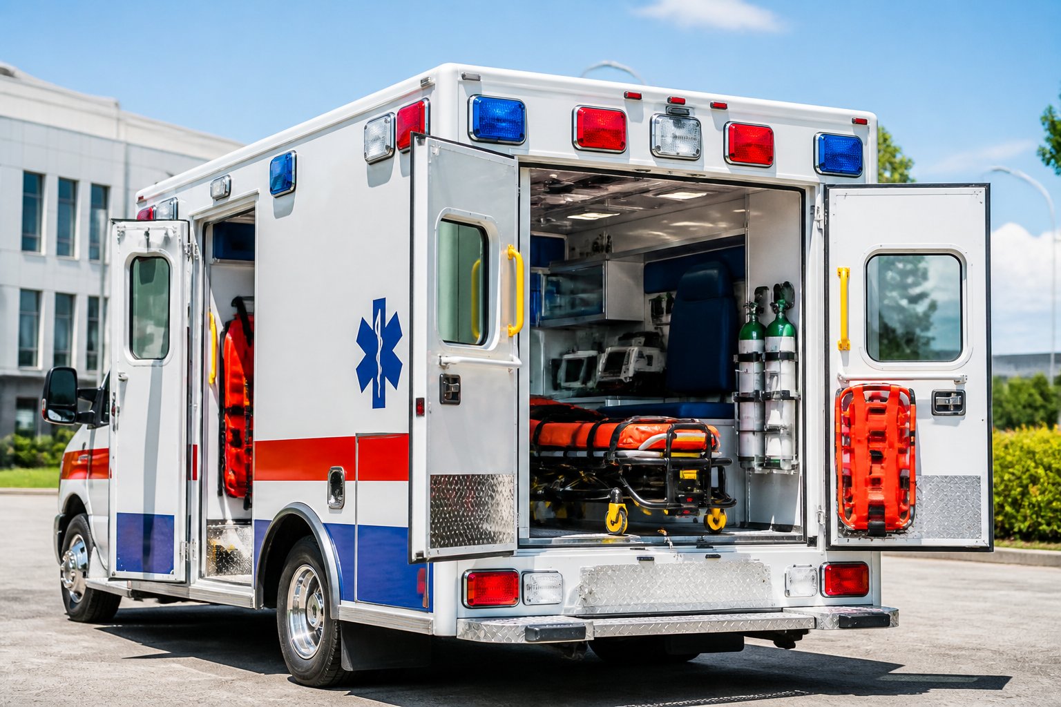 Uma ambulância tipo B branca com marcações vermelhas e azuis estacionada ao ar livre, mostrando equipamentos médicos obrigatórios e tecnologia avançada.