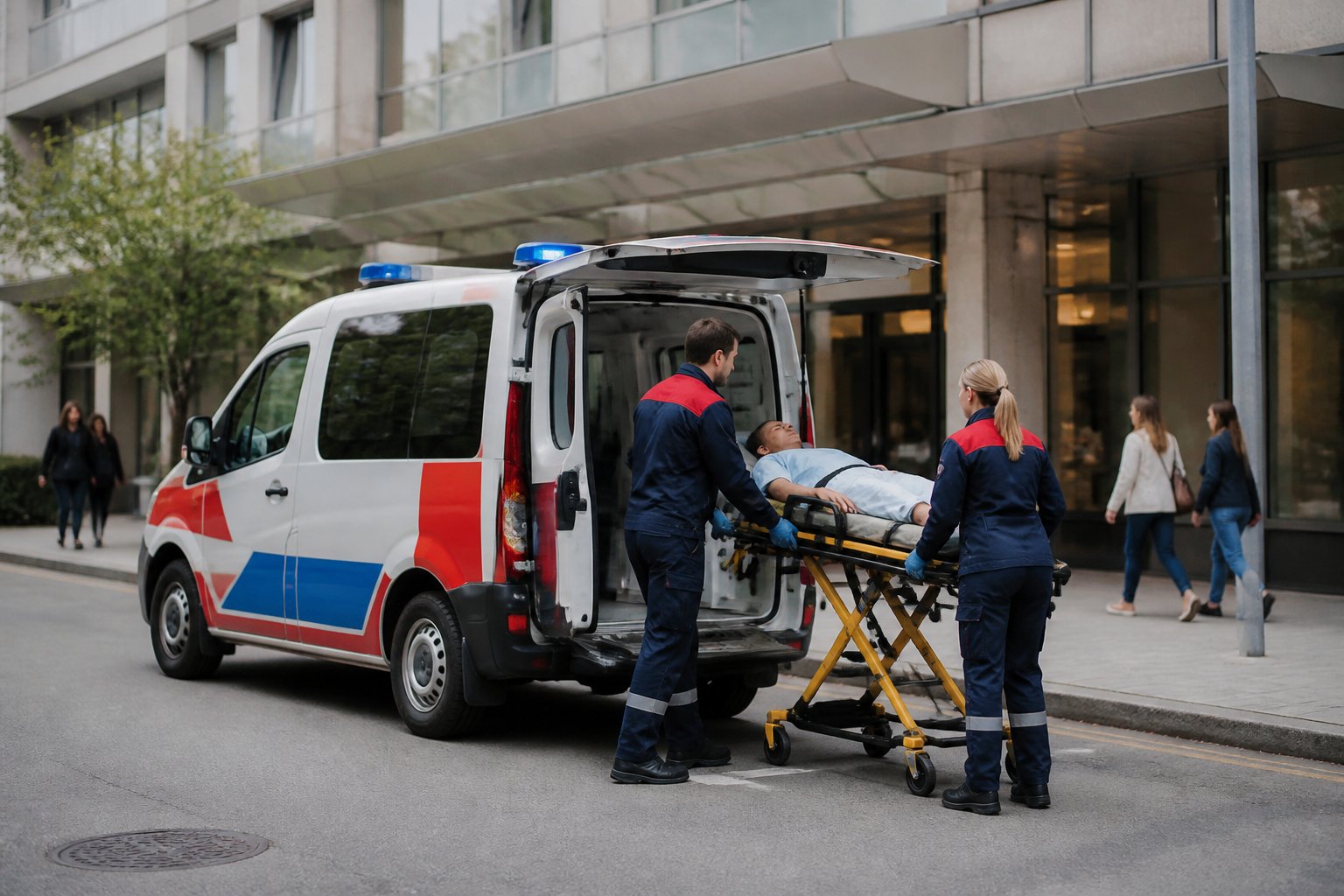 Uma ambulância pequena estacionada em frente a um hospital, com paramédicos atendendo um paciente em uma maca ao lado do veículo.