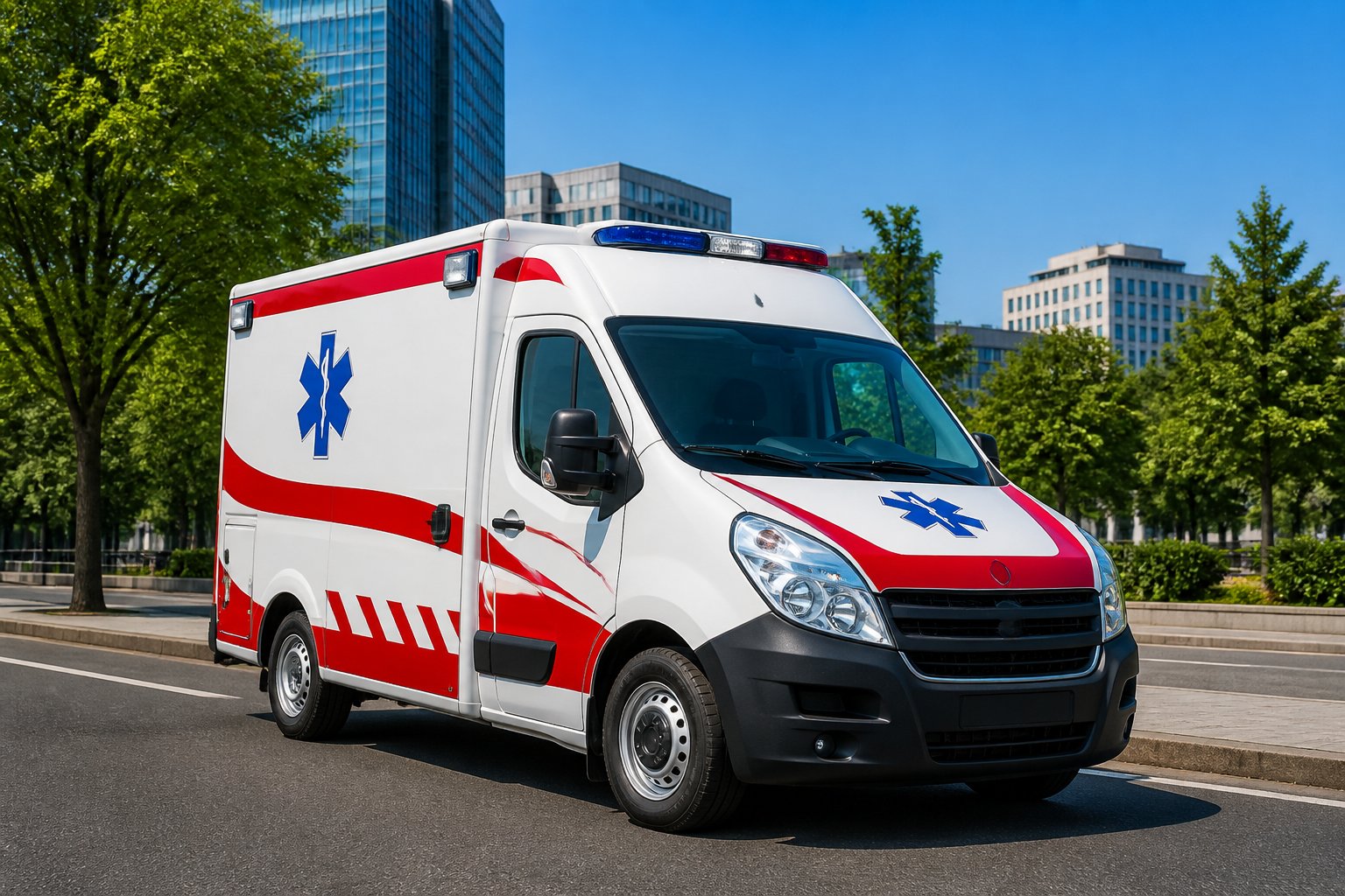 Uma ambulância pequena estacionada em uma rua urbana durante o dia, com árvores e prédios ao fundo.