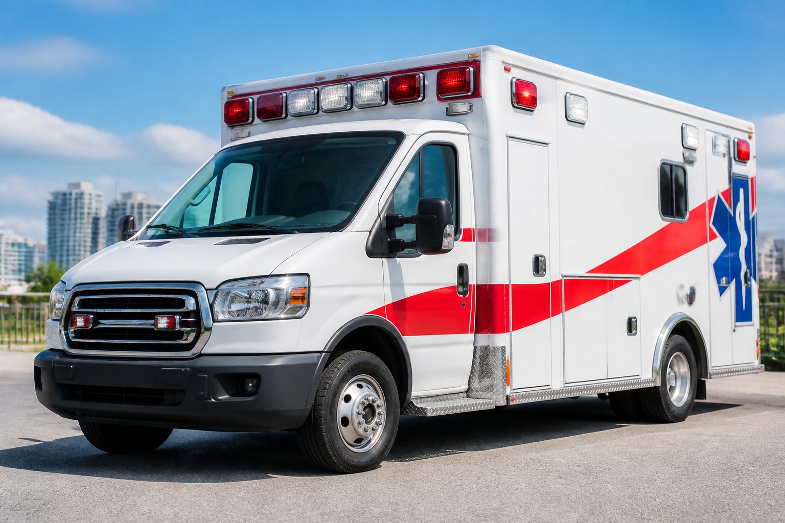 Carro de Ambulância: Características Essenciais e Tipos de Atendimento Móvel 1 Um carro de ambulância moderno estacionado ao ar livre com luz natural, mostrando detalhes técnicos como luzes de emergência e compartimentos médicos.