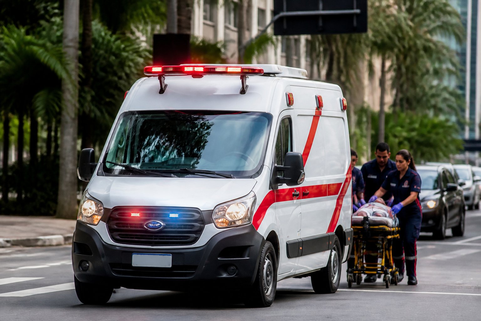 Ambulância de emergência em uma rua movimentada do Brasil com paramédicos atendendo um paciente.