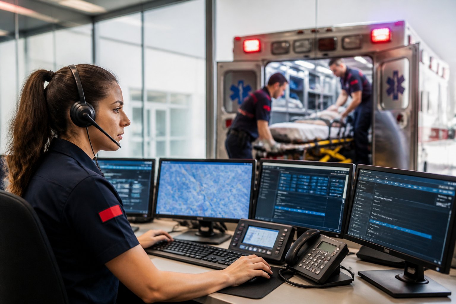 Despachante de emergência atendendo chamadas enquanto equipe de paramédicos prepara ambulância para saída.